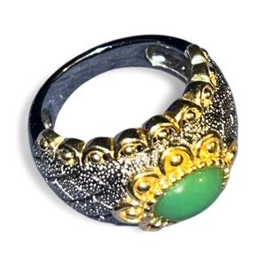 Vintage Ross Simons Green Jade Gold Vermeil over Oxidized
925 Silver Ring SIZE 6